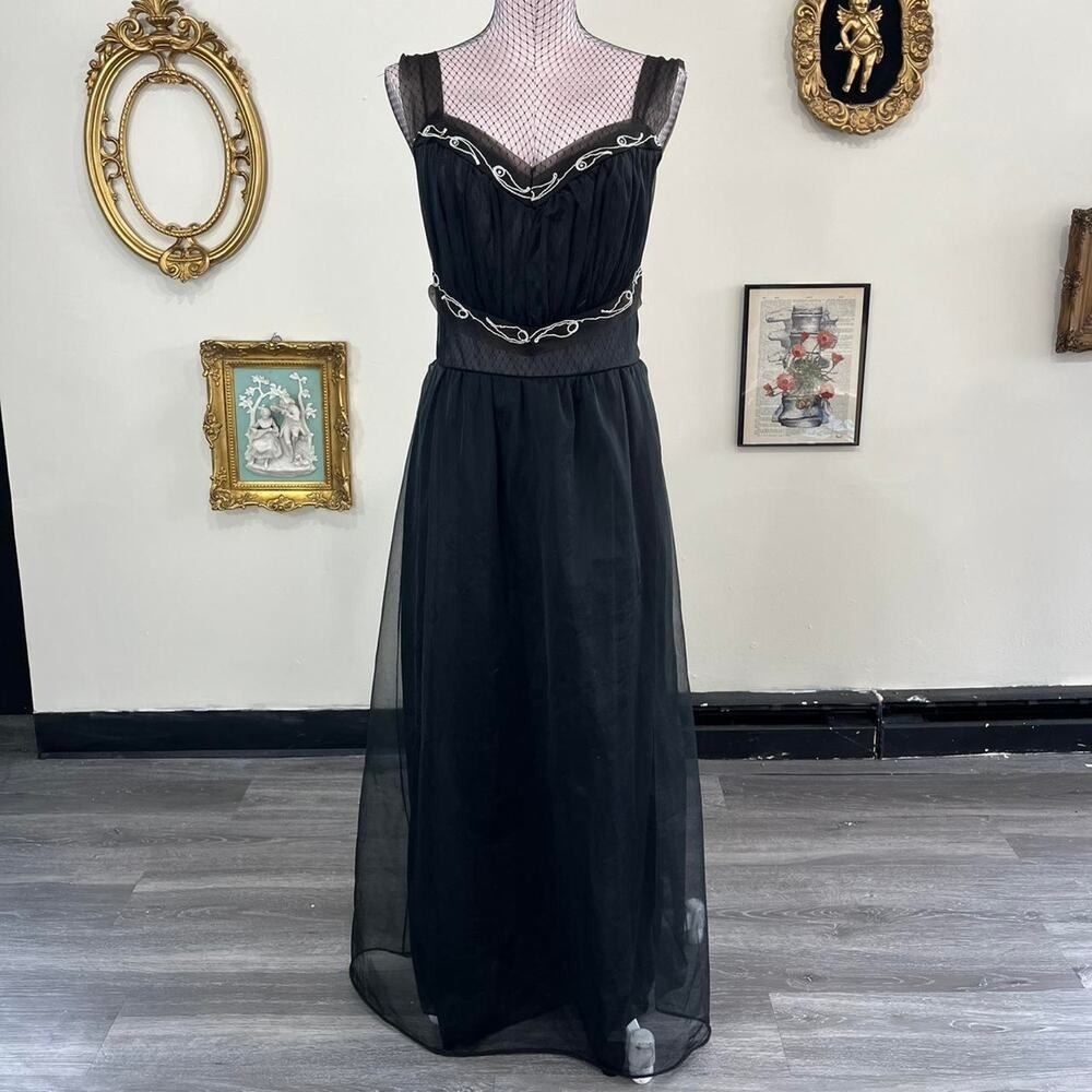 Vintage Pandora Black Nylon Chiffon Gown Silver lingerie nightgown size 36